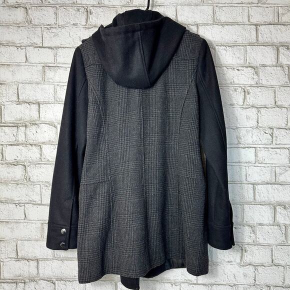 Michael Kors Coat Wool Plaid Asymmetrical Zip Hooded Neutral Preppy Black Gray 4 - Picture 2 of 11